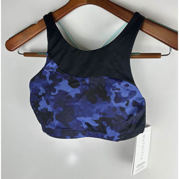 NWT Athleta Freestyle Camo High Neck Bikini Top Blue Wireless Top ONLY Sz Small - Picture 2 of 8